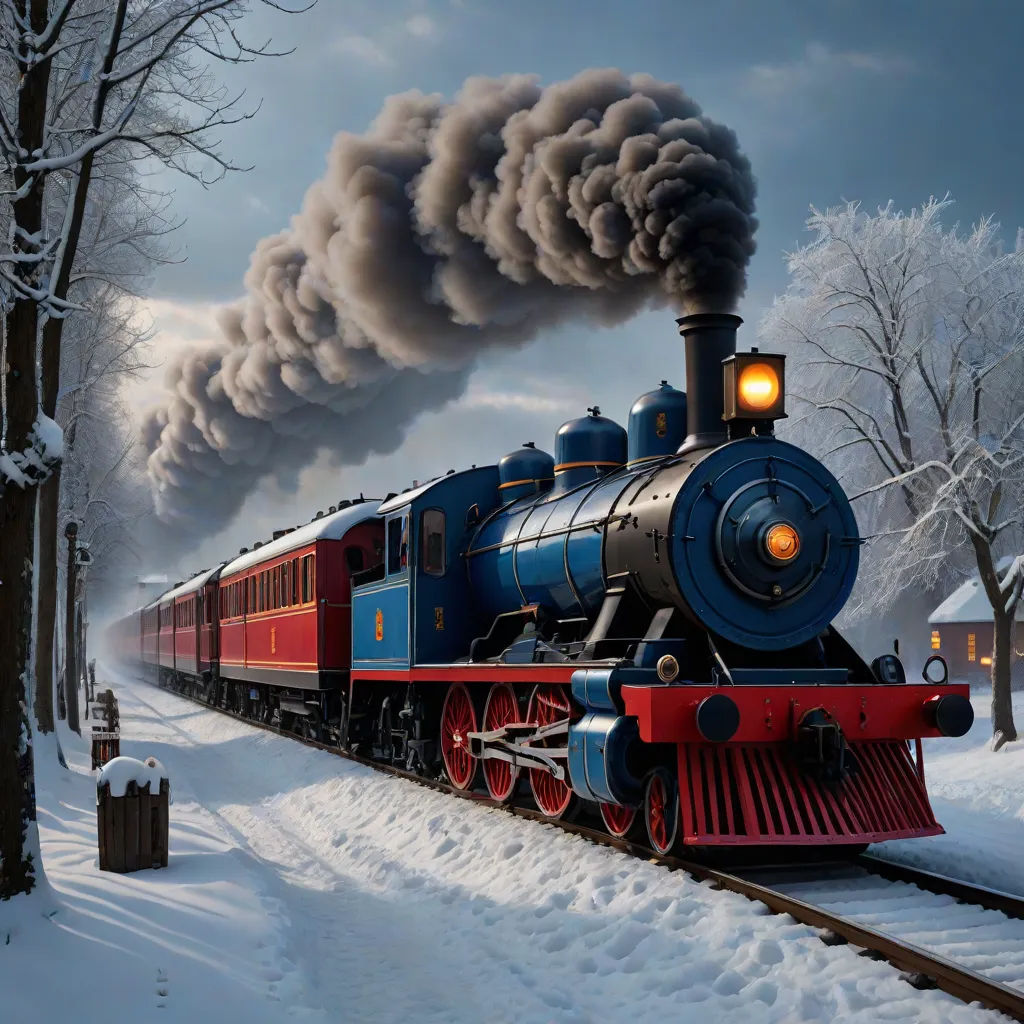 a train is traveling down the tracks in the snow with smoke coming out of it's stacks and a red light on the front, a detailed matte painting, Evgeny Lushpin, fantasy art, highly detailed digital painting