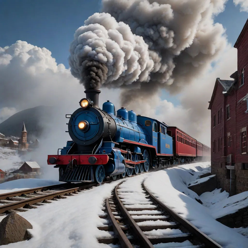 a train is traveling down the tracks in the snow with smoke coming out of it's stacks and steam coming out of it, a detailed matte painting, Evgeny Lushpin, photorealism, highly detailed digital painting