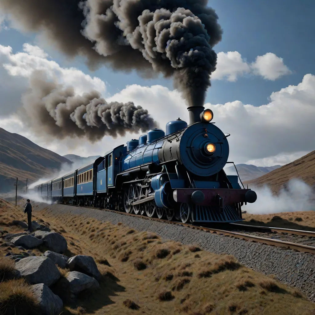 a train is traveling down the tracks with smoke coming out of it's stacks and smoke billowing out of it, a detailed matte painting, Evgeny Lushpin, photorealism, highly detailed digital painting