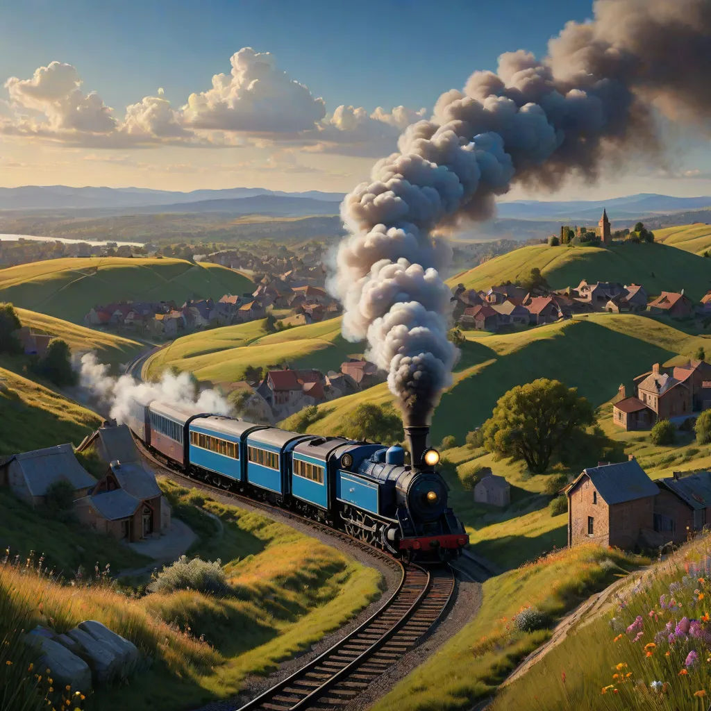 a train is traveling down the tracks near a village and a hill with houses on it and a lot of smoke coming out of the top of the train, a detailed matte painting, Evgeny Lushpin, fantastic realism, cinematic matte painting
