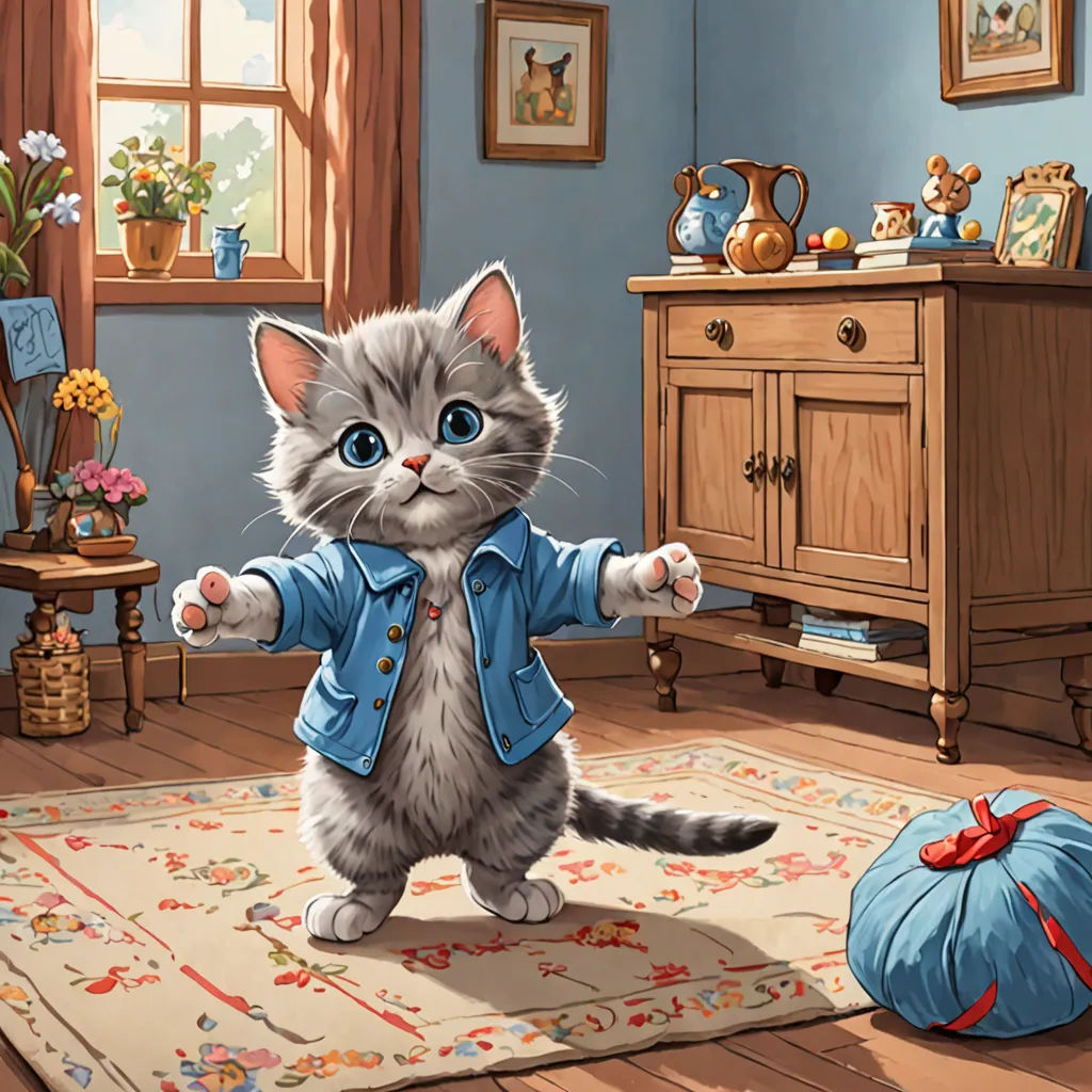 a cat is standing on a rug in a room with a blue wall and a rug on the floor, sots art, a storybook illustration, Beatrix Potter, storybook illustration