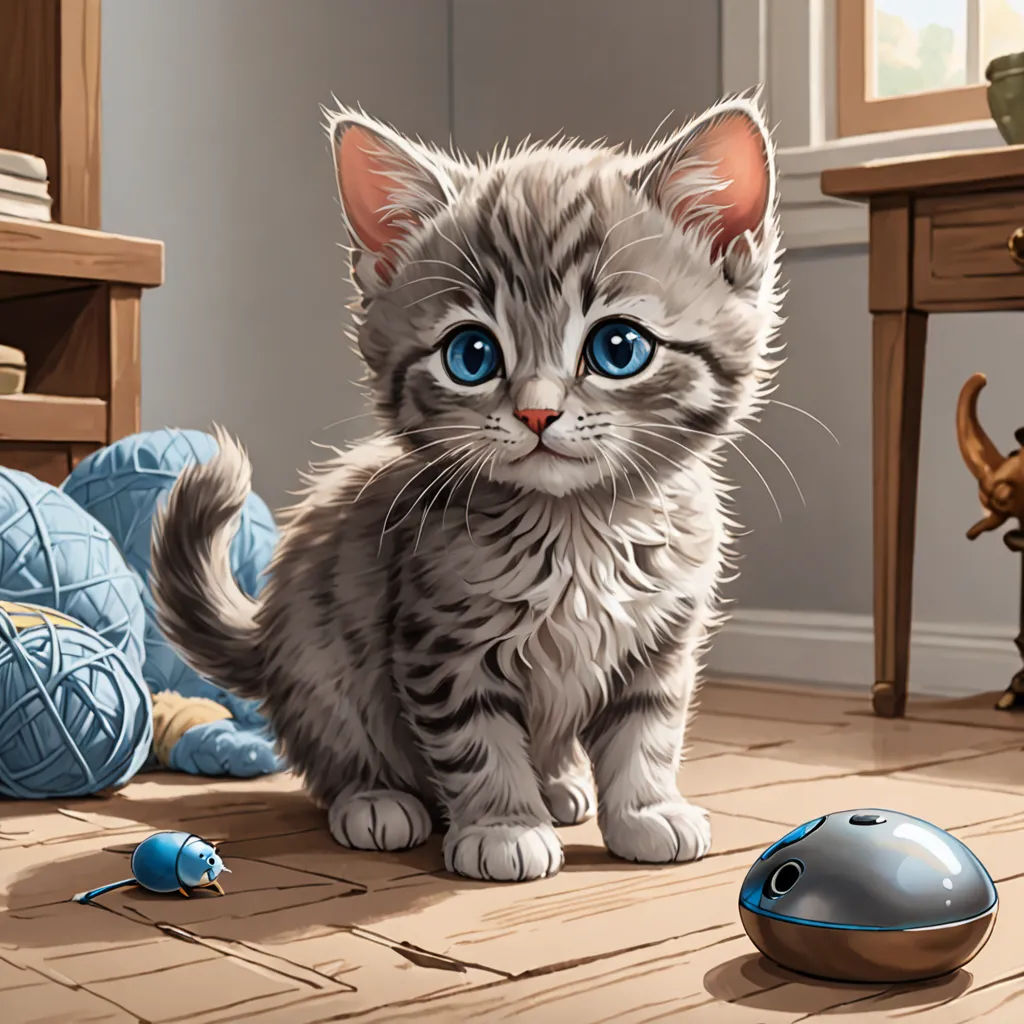 a cat sitting on the floor next to a computer mouse and a ball of yarn on the floor next to a table, sots art, a digital painting, Chris Rallis, professional digital painting
