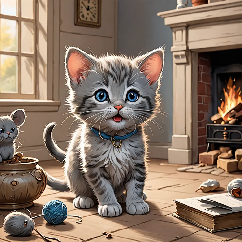 a painting of a kitten and a mouse sitting on the floor next to a fireplace with a book and a mouse, sots art, a storybook illustration, Chris LaBrooy, highly detailed digital painting