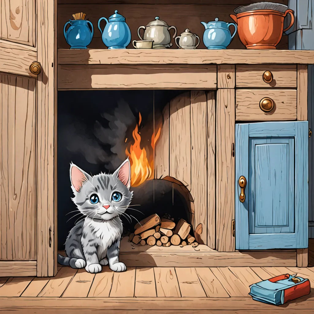 a cat sitting in front of a fireplace with a fire in it's fireplace screen and a teapot on the side, sots art, a storybook illustration, Beatrix Potter, storybook illustration