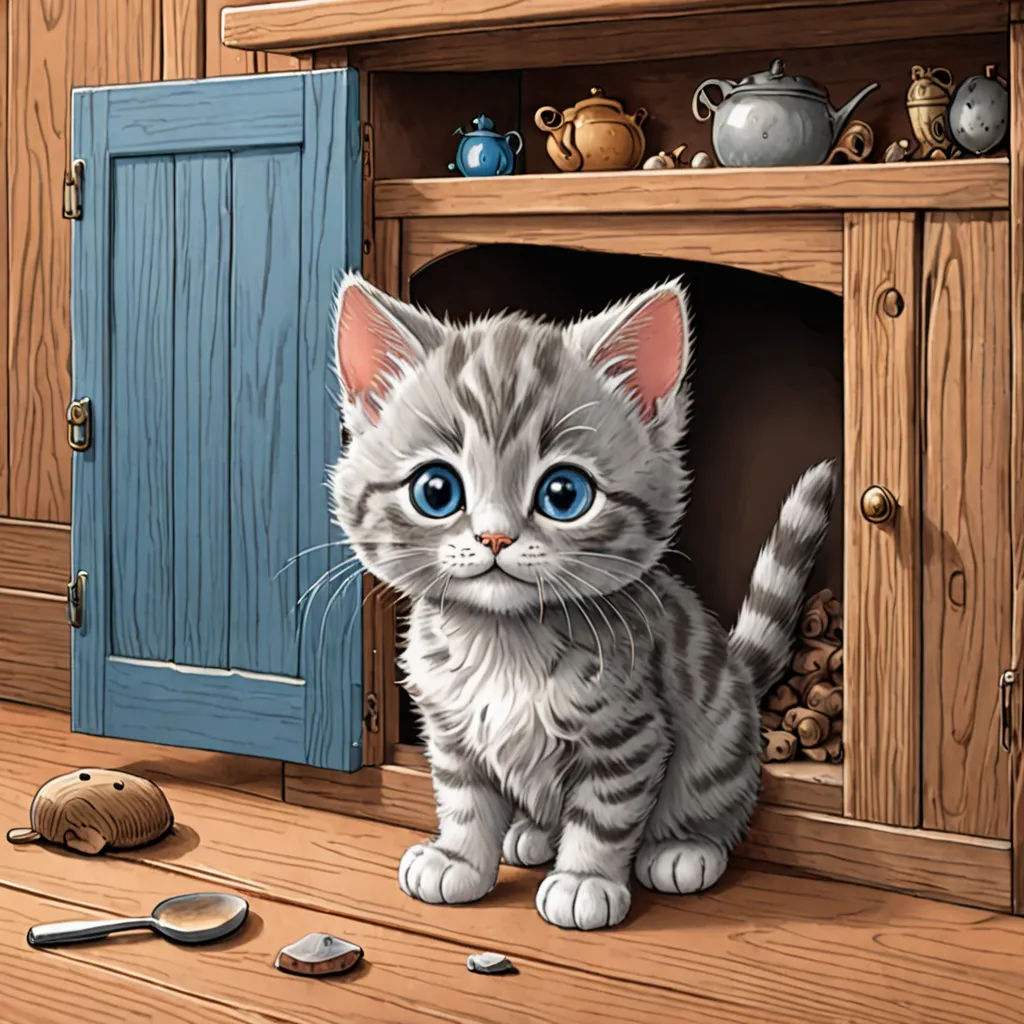 a painting of a kitten sitting in a cabinet with a mouse and a mouse pad on the floor next to it, sots art, a storybook illustration, Beatrix Potter, storybook illustration