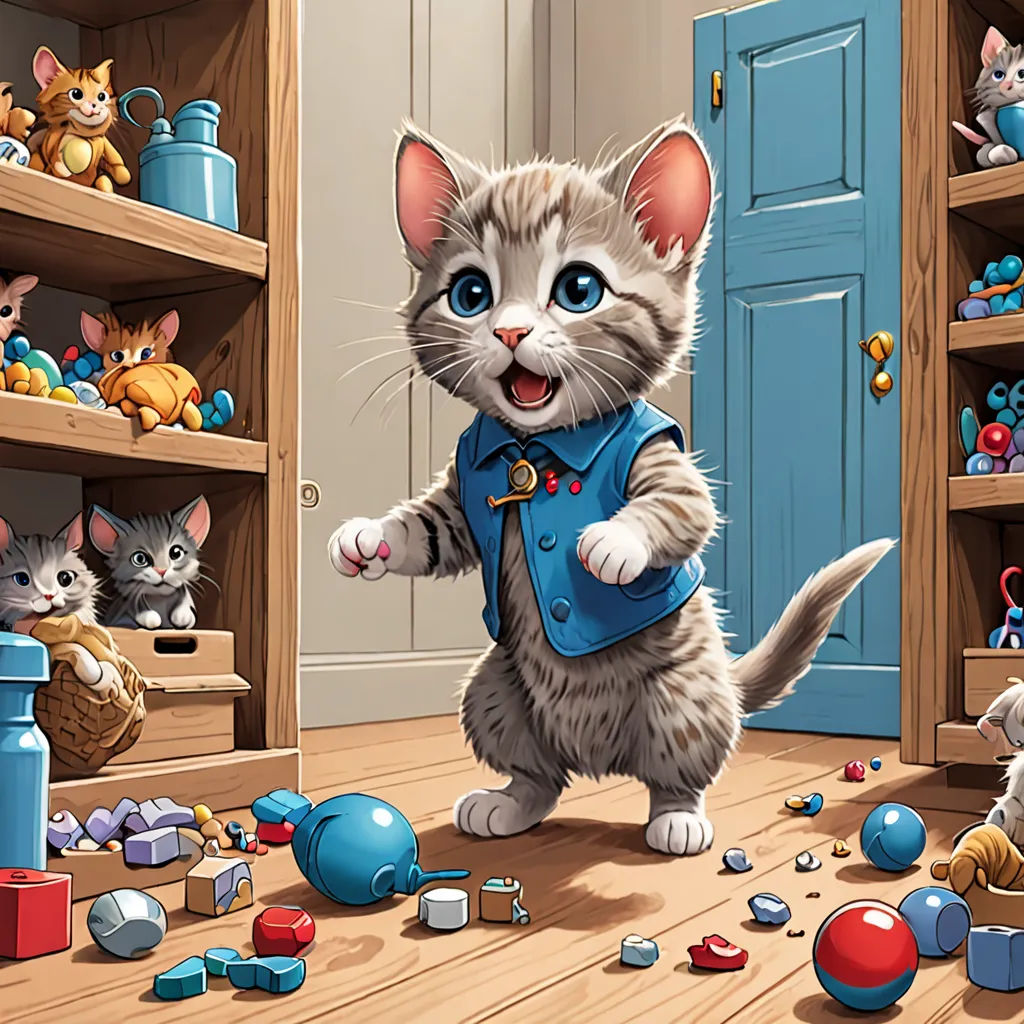 a cat is standing in a room full of toys and toys on the floor and a blue door is open, furry art, a storybook illustration, Chris LaBrooy, official art
