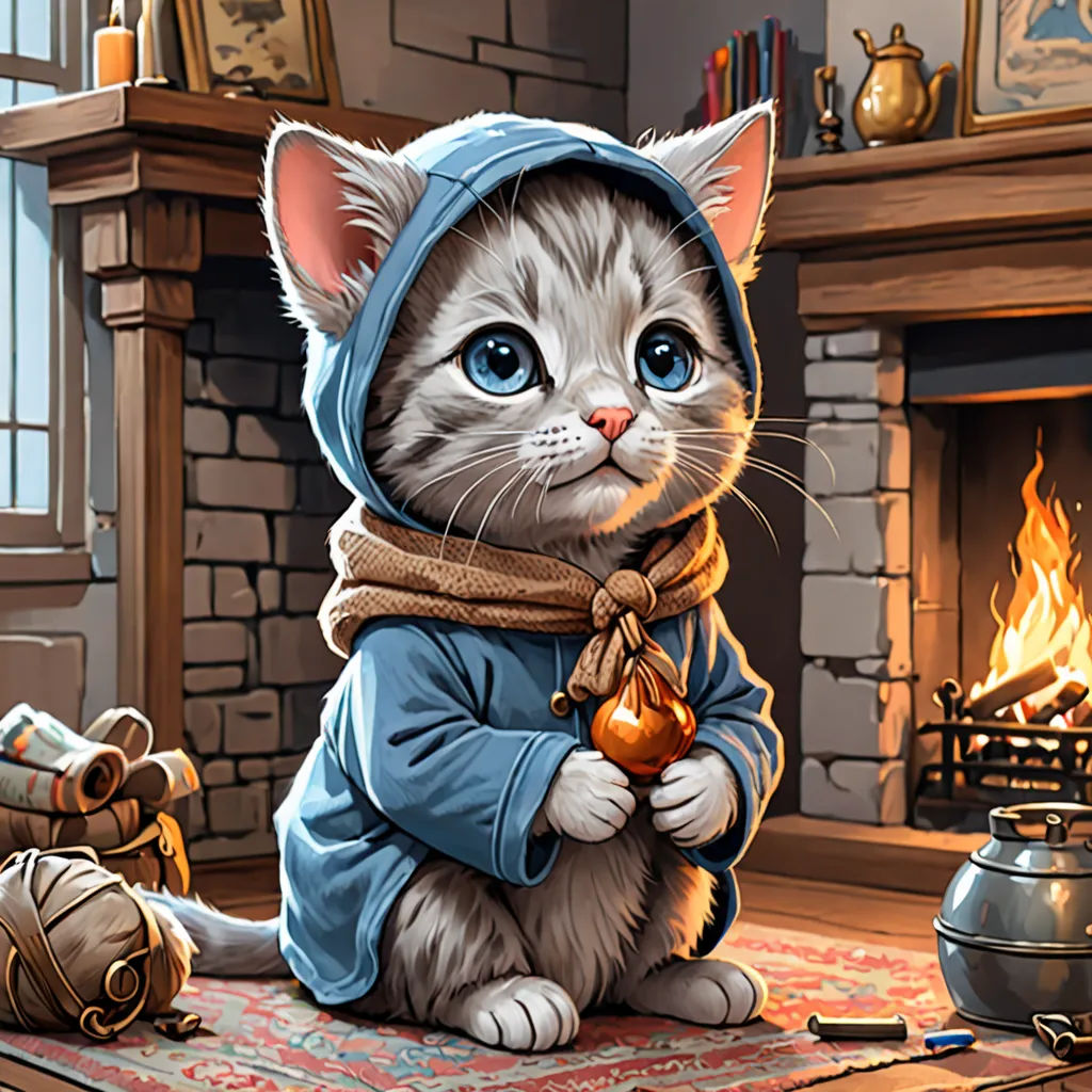 a cat in a blue outfit is sitting on a rug next to a fireplace and a potted plant, fantasy art, a storybook illustration, Andrey Esionov, highly detailed digital painting