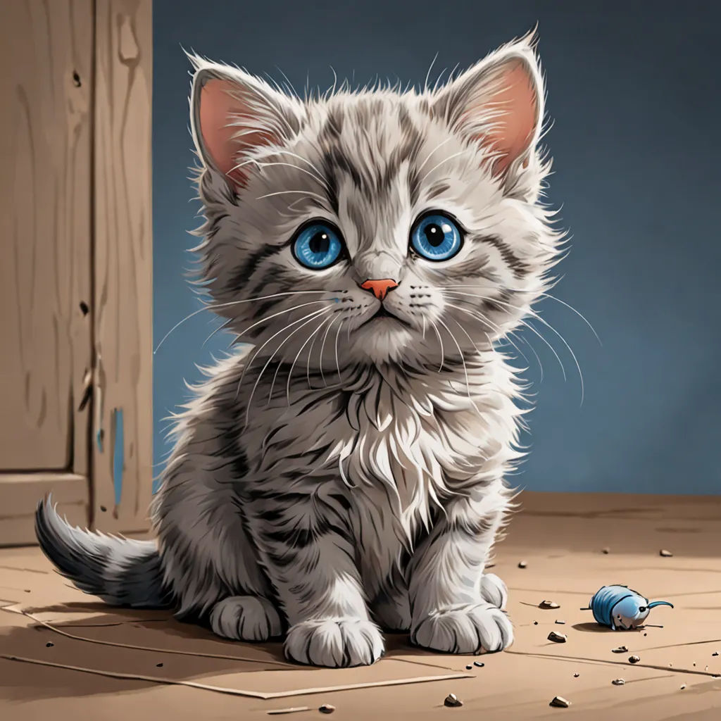 a painting of a kitten with blue eyes sitting on a floor next to a door and a blue ball, sots art, a storybook illustration, Cyril Rolando, cute and adorable