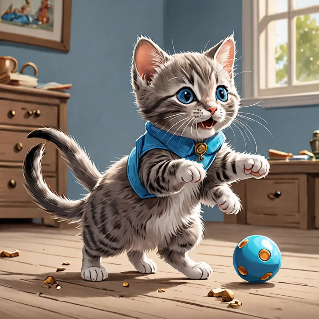 a cat playing with a ball in a room with a dresser and dressers in the background, and a window with a view of a blue sky, furry art, a digital painting, Chris LaBrooy, magic the gathering artwork