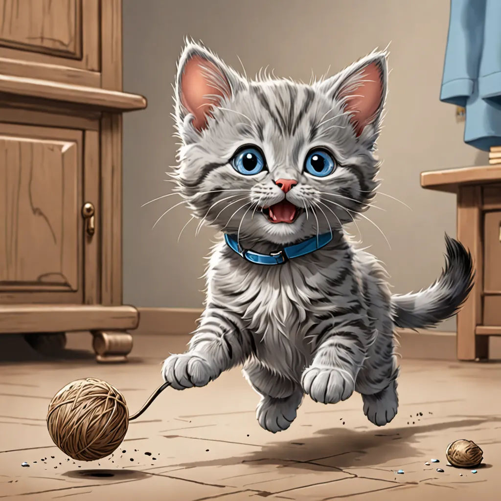 a kitten is playing with a ball of yarn on the floor in a room with a dresser and a chair, sots art, a storybook illustration, Chris Rallis, highly detailed digital painting