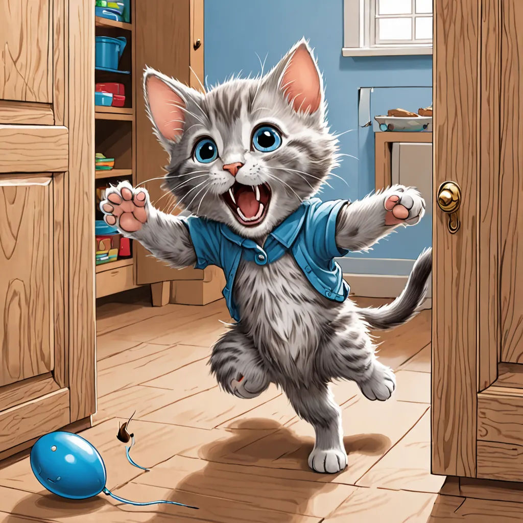 a cat is running through a room with a mouse in it's hand and a mouse in the other hand, furry art, a storybook illustration, Chris LaBrooy, professional digital painting