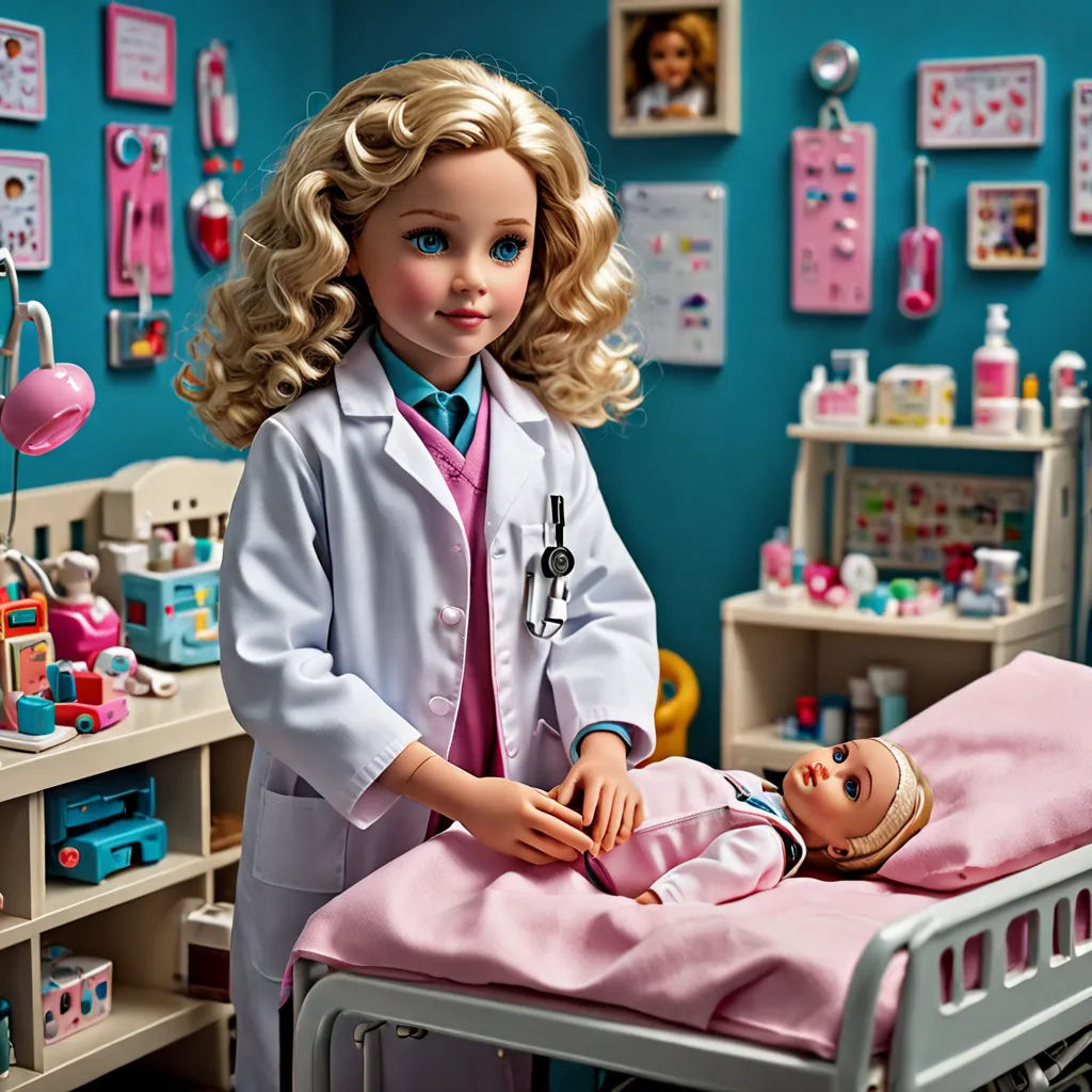 a doll is in a hospital bed with a doll in it's lap and a doll in a pink dress, Celia Fiennes, neoplasticism, a stock photo, promotional image