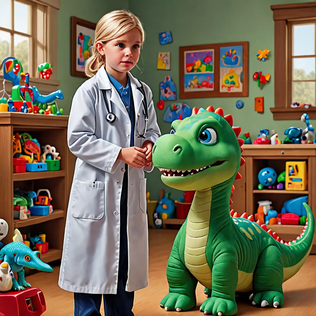 a young girl in a doctor's coat standing next to a toy dinosaur in a room filled with toys, photorealism, a digital rendering, Dr. Atl, promotional image