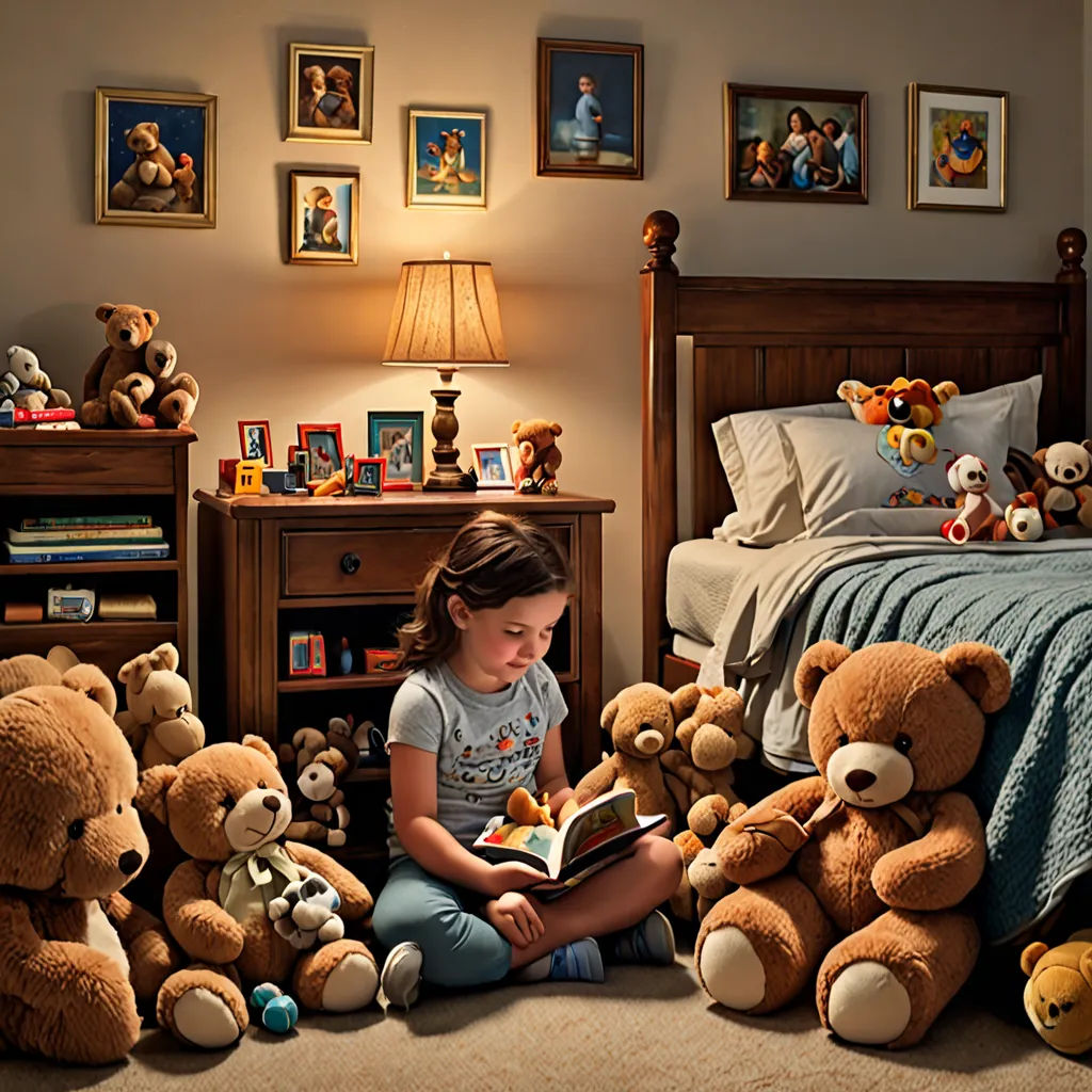 a little girl sitting on the floor reading a book surrounded by stuffed animals and teddy bears in a bedroom, Bob Byerley, art photography, a storybook illustration, award - winning photography
