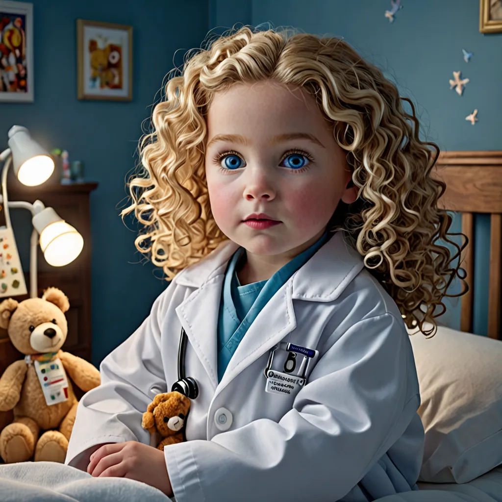a little girl with curly hair sitting on a bed with a teddy bear and a lamp on the wall, Celia Fiennes, photorealism, a photorealistic painting, photoreal