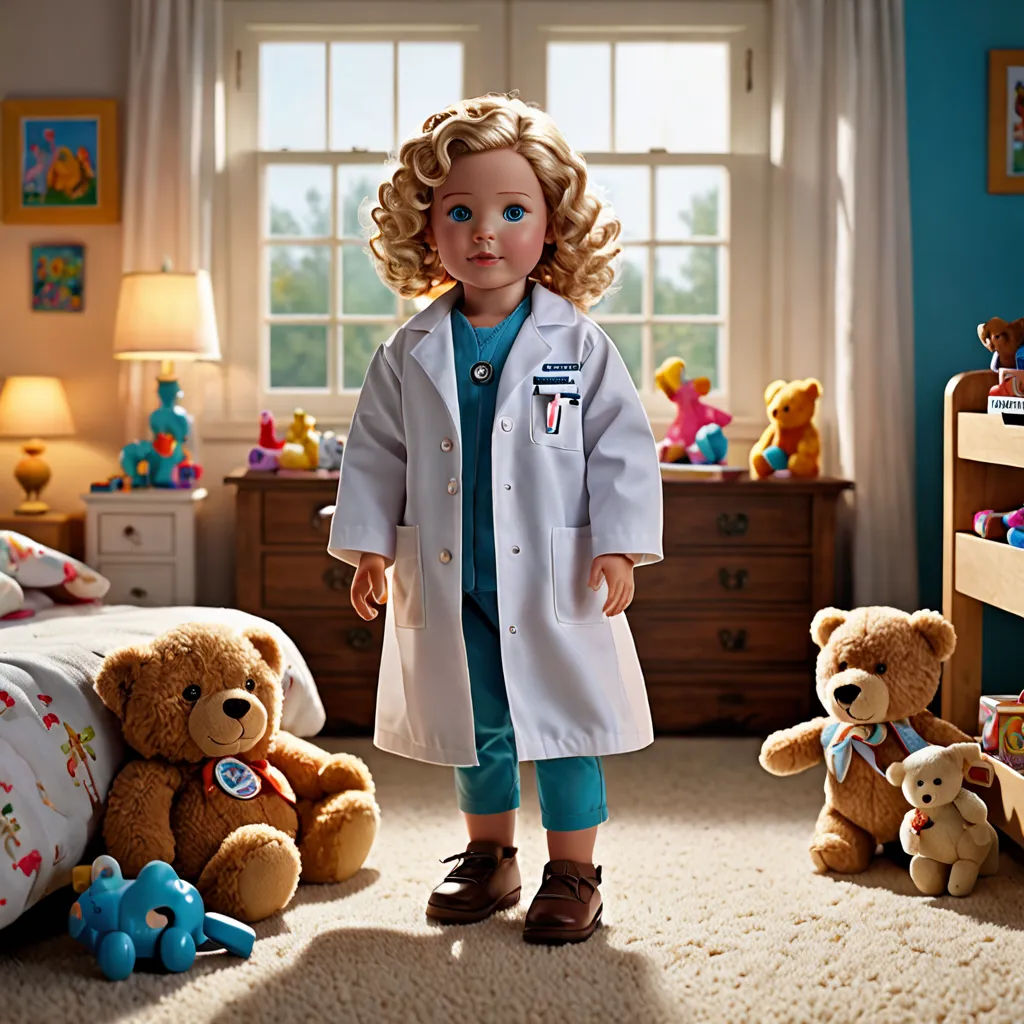 a doll dressed in a doctor's coat standing in a bedroom with teddy bears and a bed with a window, neoplasticism, a digital rendering, Amy Weber, promotional image