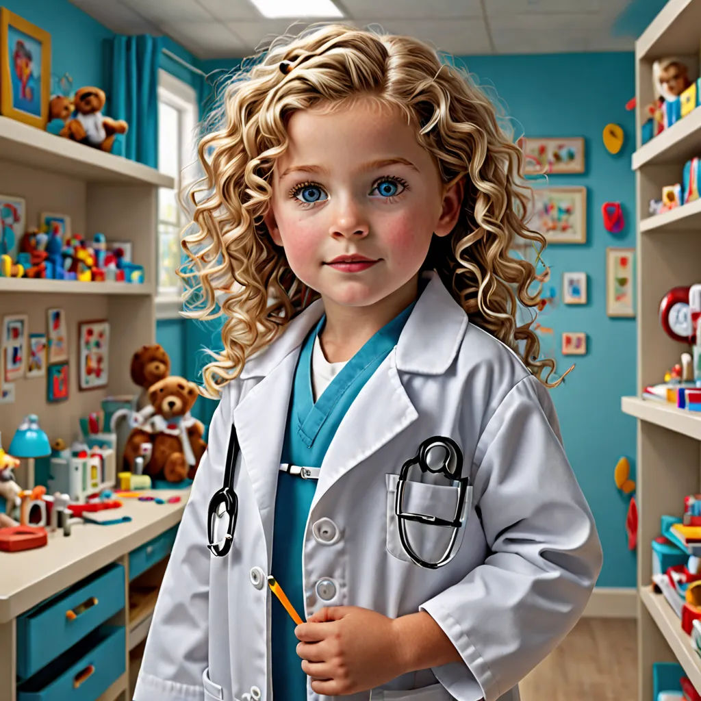 a little girl dressed in a doctor's coat and holding a pencil in a toy room with shelves of toys, artist, photorealism, a photorealistic painting, highly detailed digital painting