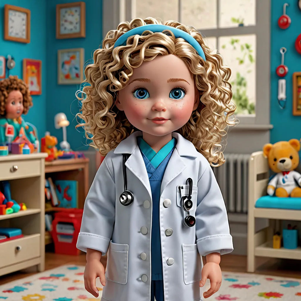 a doll dressed in a doctor's outfit and a teddy bear in a room with toys on the floor, Dr. Atl, neoplasticism, a digital rendering, promotional image