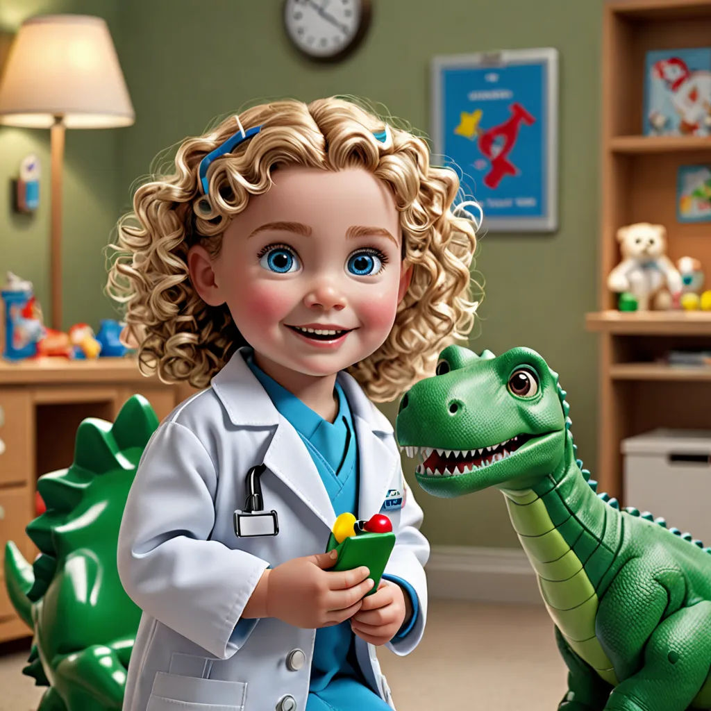 a cartoon of a little girl with a dinosaur toy in a room with a clock and a toy dinosaur, Dr. Atl, photorealism, a digital rendering, promotional image