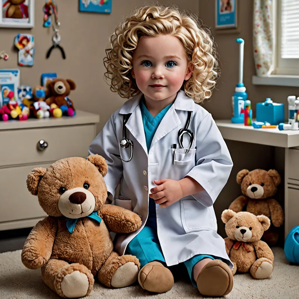 a little girl sitting on the floor with a teddy bear and a doctor's coat on her coat, neoplasticism, a stock photo, Dr. Atl, promotional image