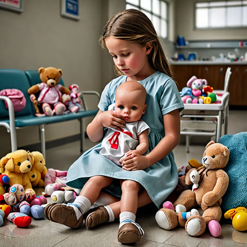 a little girl sitting on the floor with a baby doll and stuffed animals around her and a chair in the background, Amy Weber, neoplasticism, a stock photo, award-winning photograph