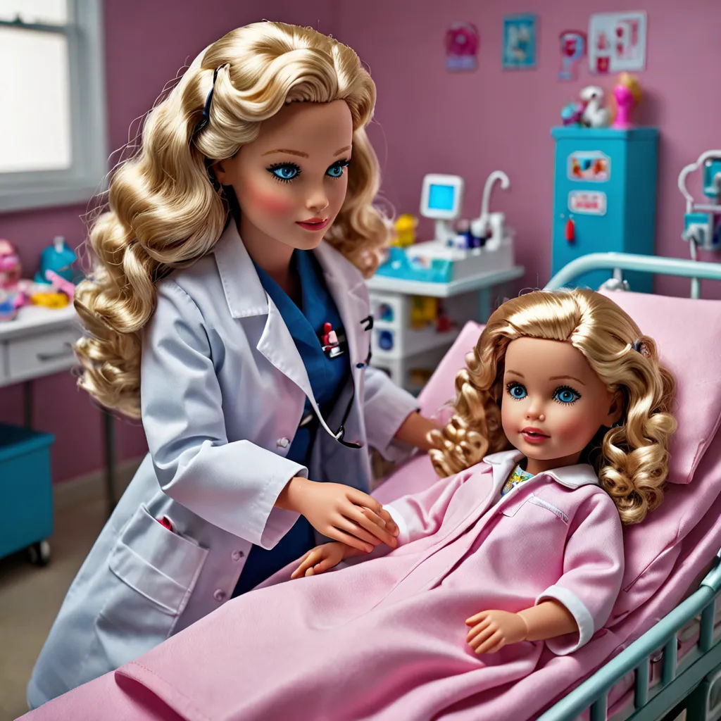 a doll is laying in a hospital bed with a doll in it's lap and a nurse is standing next to her, neoplasticism, a stock photo, Celia Fiennes, lifelike