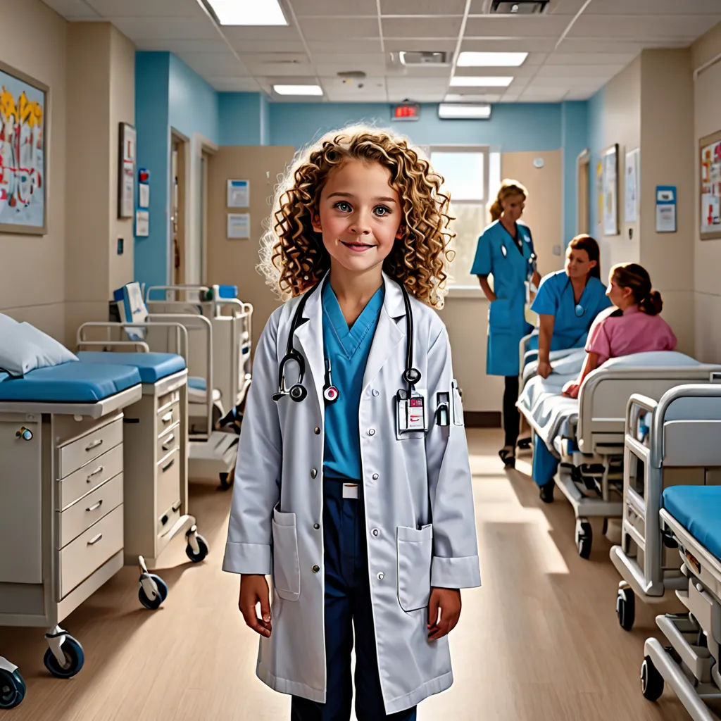 a young girl in a hospital room with her doctor's coat on and other medical staff in the background, Christabel Dennison, american barbizon school, a stock photo, promotional image