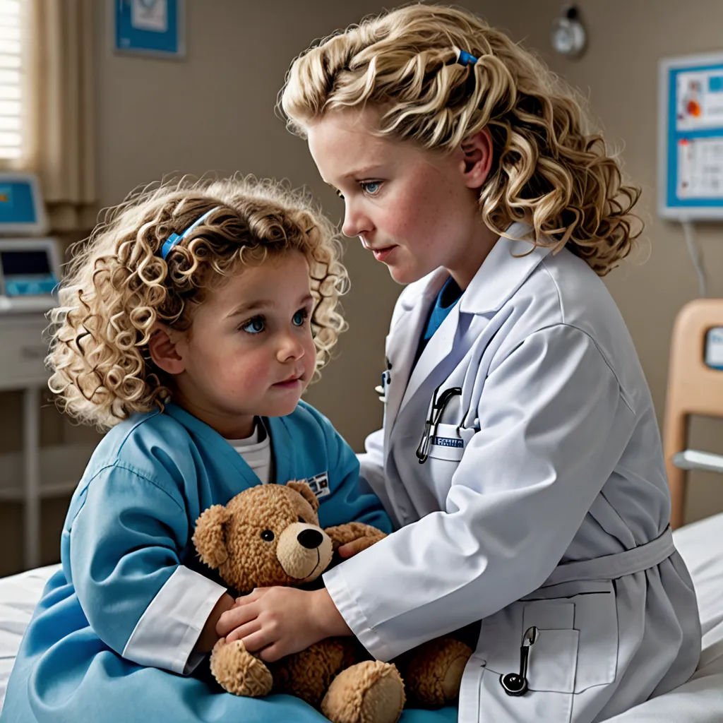 a little girl is holding a teddy bear in a hospital bed with a doctor in the background and a teddy bear in her lap, Caroline Lucy Scott, neoplasticism, a stock photo, promotional image