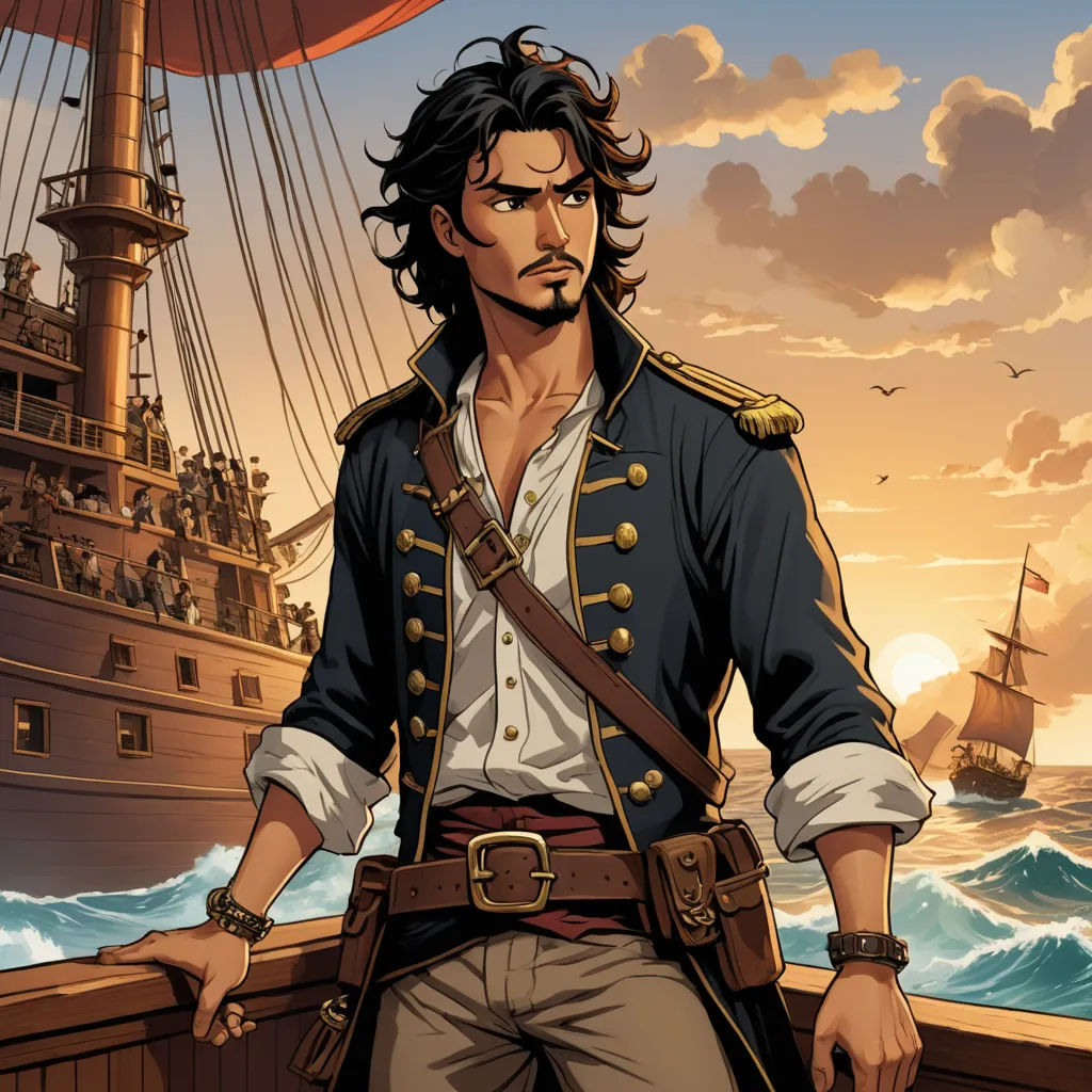 a man in a pirate costume standing on a boat in the ocean with a ship in the background and a bird flying overhead, fantasy art, a character portrait, Altoon Sultan, official art