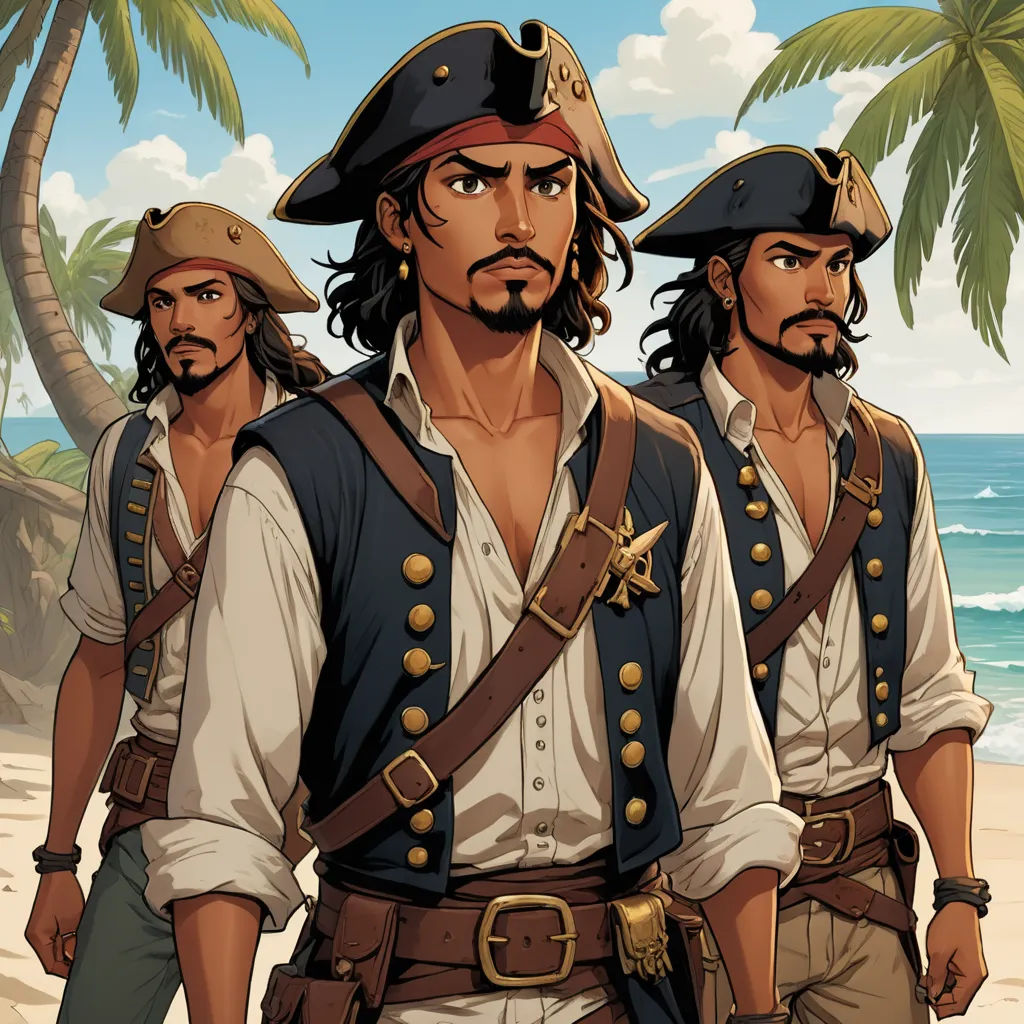 a group of three men in pirate outfits on a beach with palm trees in the background and a blue sky, serial art, concept art, Altoon Sultan, official art