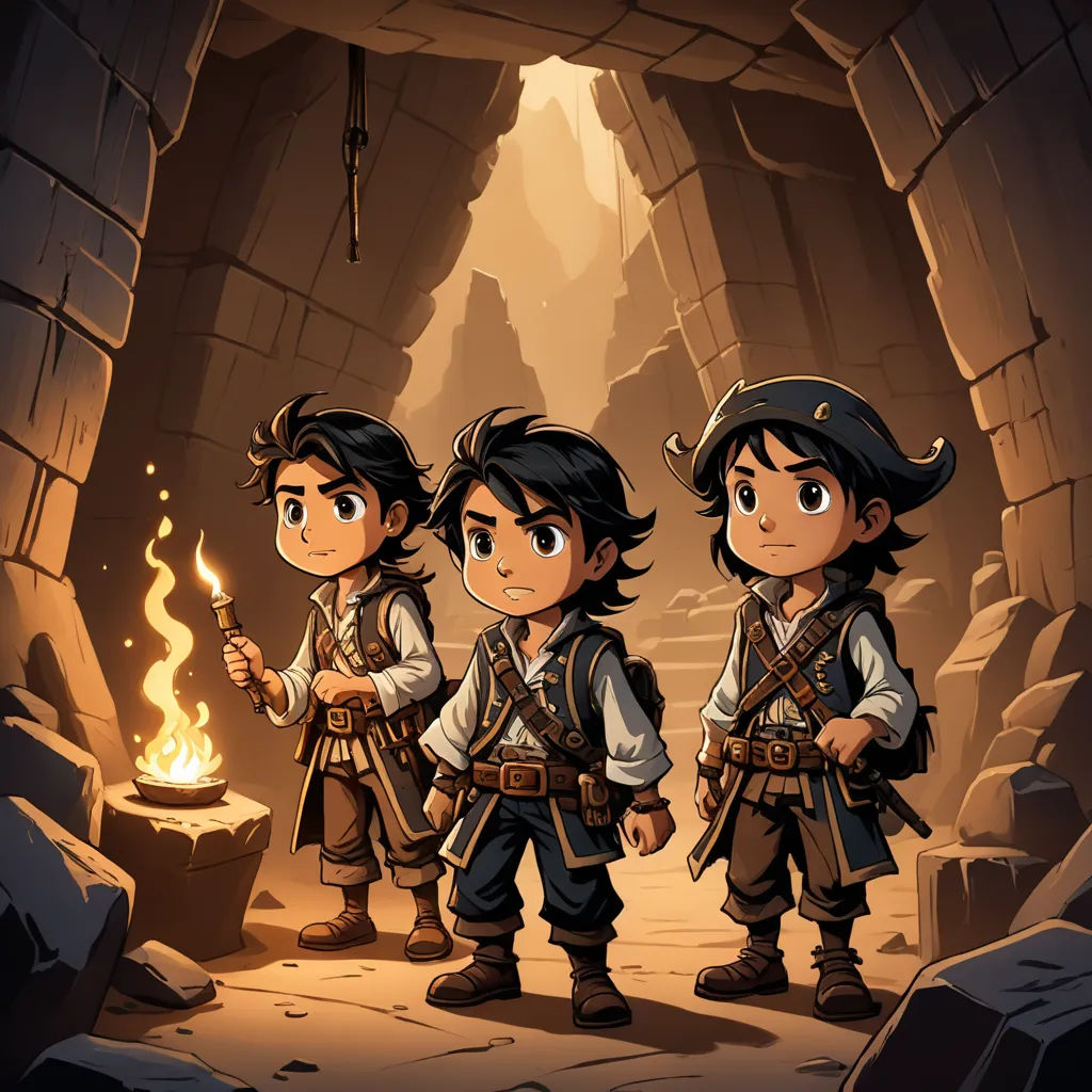 three pirates standing in a cave with a fire in their hands and a flashlight in their hand, with a stone wall in the background, fantasy art, concept art, Diego Gisbert Llorens, octopath traveler