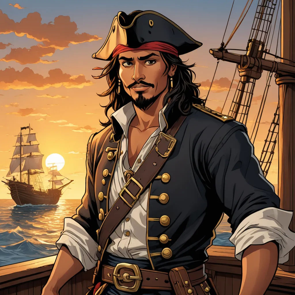 a man in a pirate costume standing on a boat in the ocean at sunset with a ship in the background, fantasy art, a character portrait, Altoon Sultan, character portrait