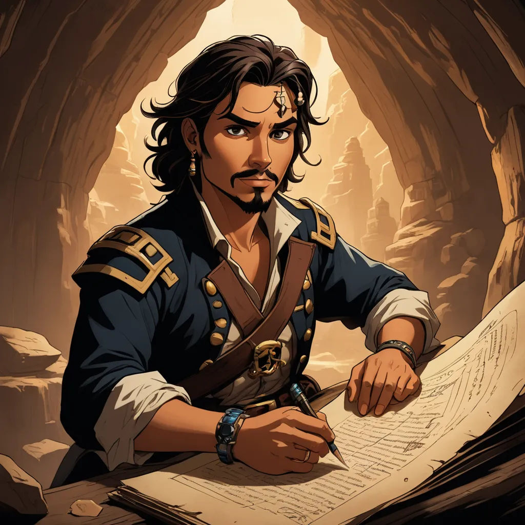 a man in a pirate costume writing on a paper in a cave with a cave entrance in the background, fantasy art, a character portrait, Cedric Seaut (Keos Masons), epic fantasy character art