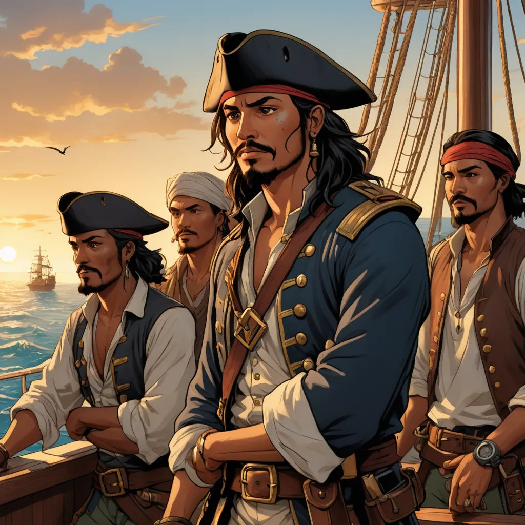 a group of men standing on top of a boat in the ocean at sunset or dawn with a pirate ship in the background, fantasy art, a comic book panel, Altoon Sultan, game art