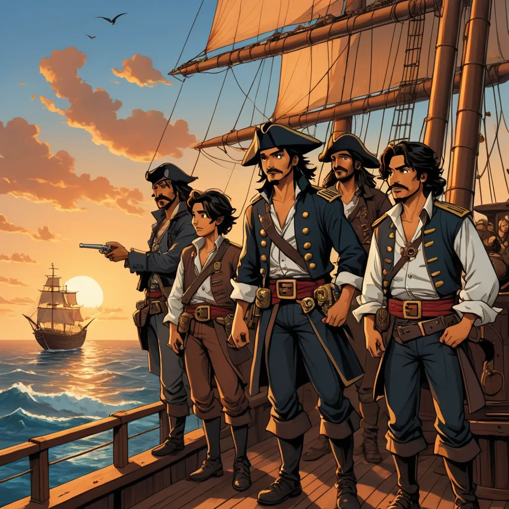 a group of pirates standing on a ship deck with a gun in their hand and a ship in the background, fantasy art, a comic book panel, Altoon Sultan, promotional image