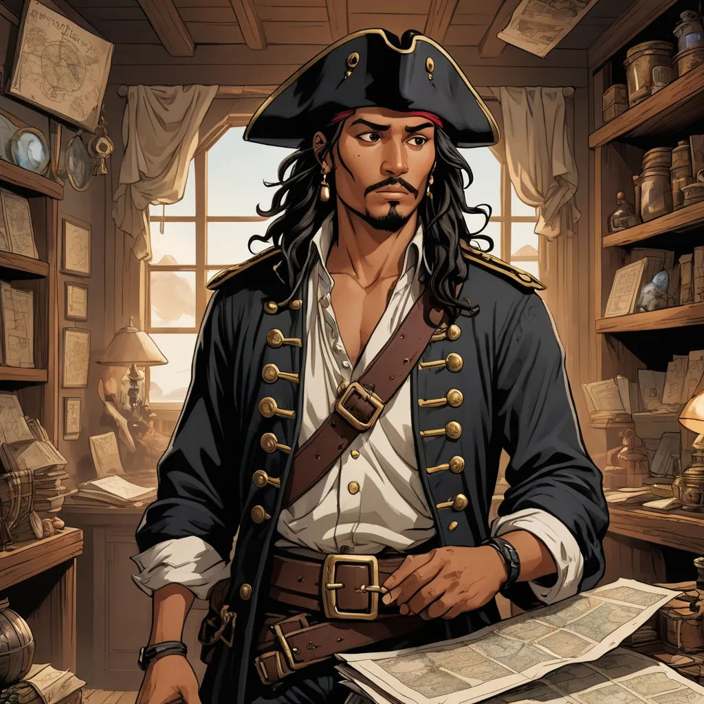 a man in a pirate costume standing in a room with a newspaper and a lamp on the table next to him, fantasy art, a character portrait, Diego Gisbert Llorens, magic the gathering artwork