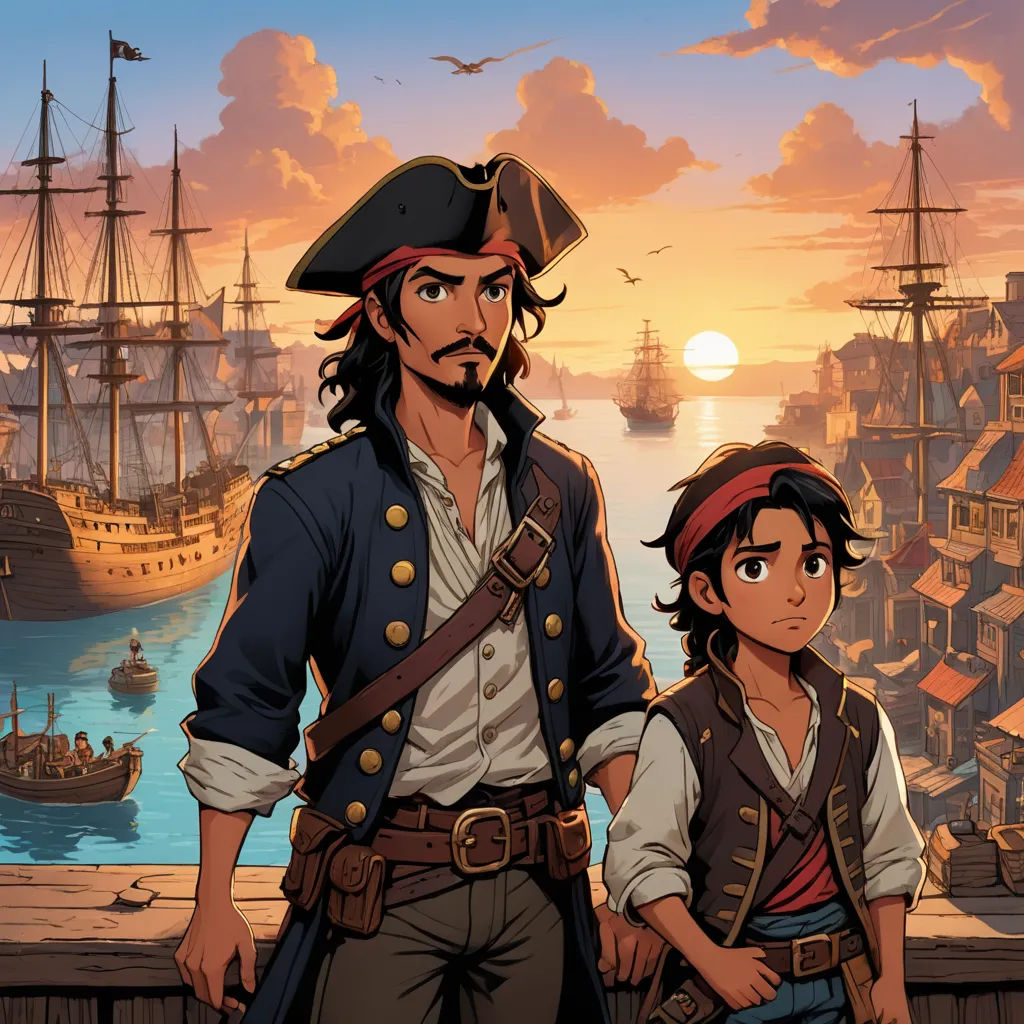 a man and a woman standing next to each other in front of a harbor with ships and a sunset, fantasy art, concept art, Brothers Hildebrandt, comic cover art