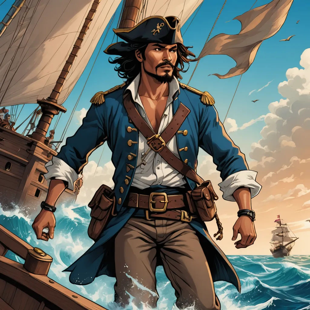 a pirate is standing on a boat in the ocean with a flag on it's back end and a ship in the background, fantasy art, a character portrait, Diego Gisbert Llorens, epic fantasy character art