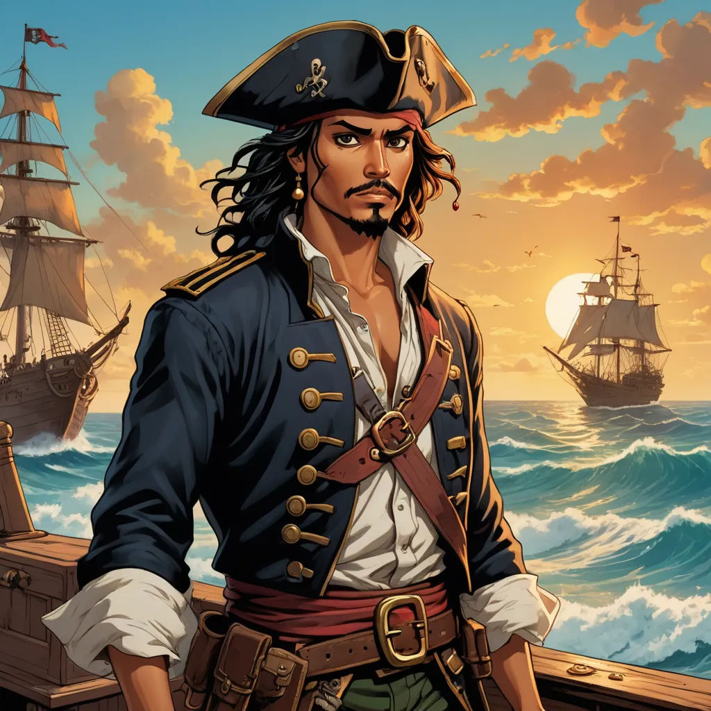 a man in a pirate costume standing on a boat in the ocean with a ship in the background and a sunset in the background, fantasy art, a character portrait, Altoon Sultan, epic fantasy character art