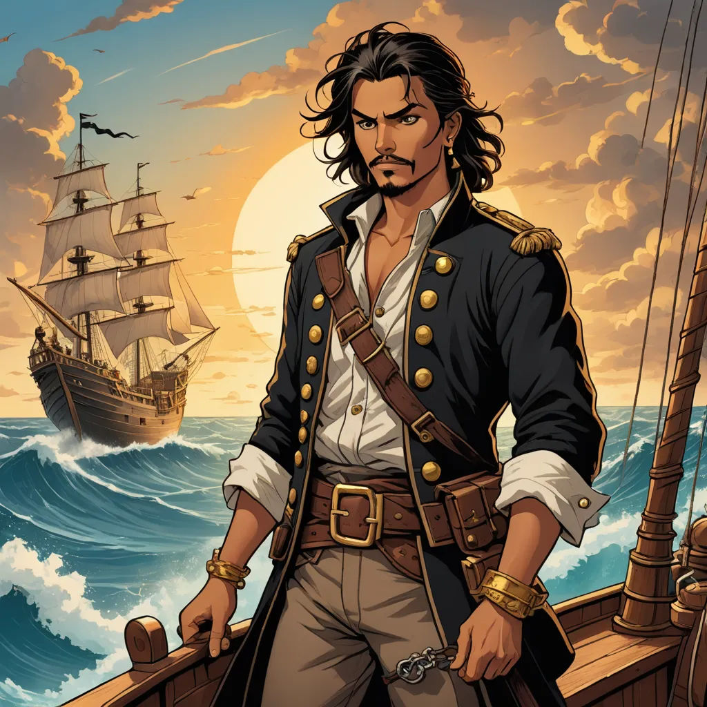 a man in a pirate costume standing on a boat in the ocean with a gun in his hand and a ship in the background, fantasy art, a character portrait, Altoon Sultan, official art