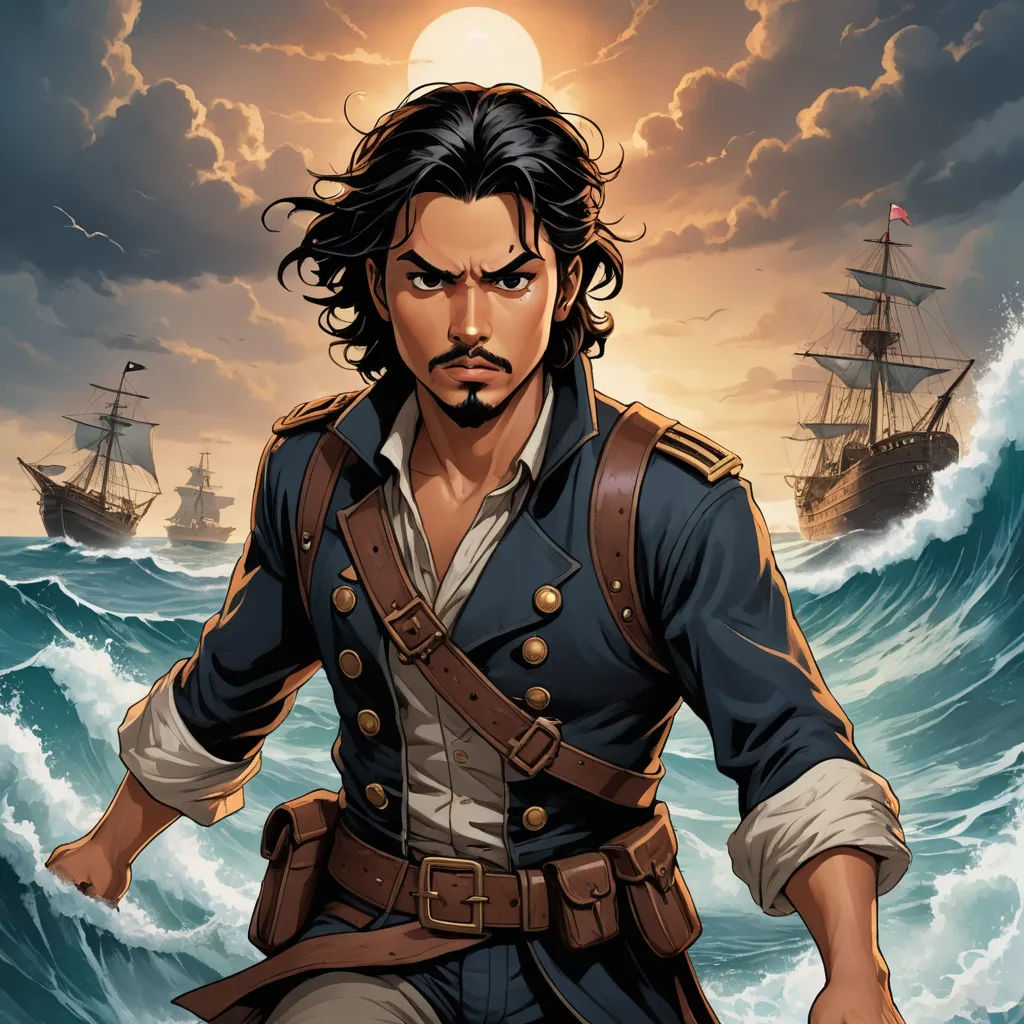 a man in a pirate suit standing in the ocean with a ship in the background and a full moon in the sky, fantasy art, a character portrait, Cedric Seaut (Keos Masons), comic cover art
