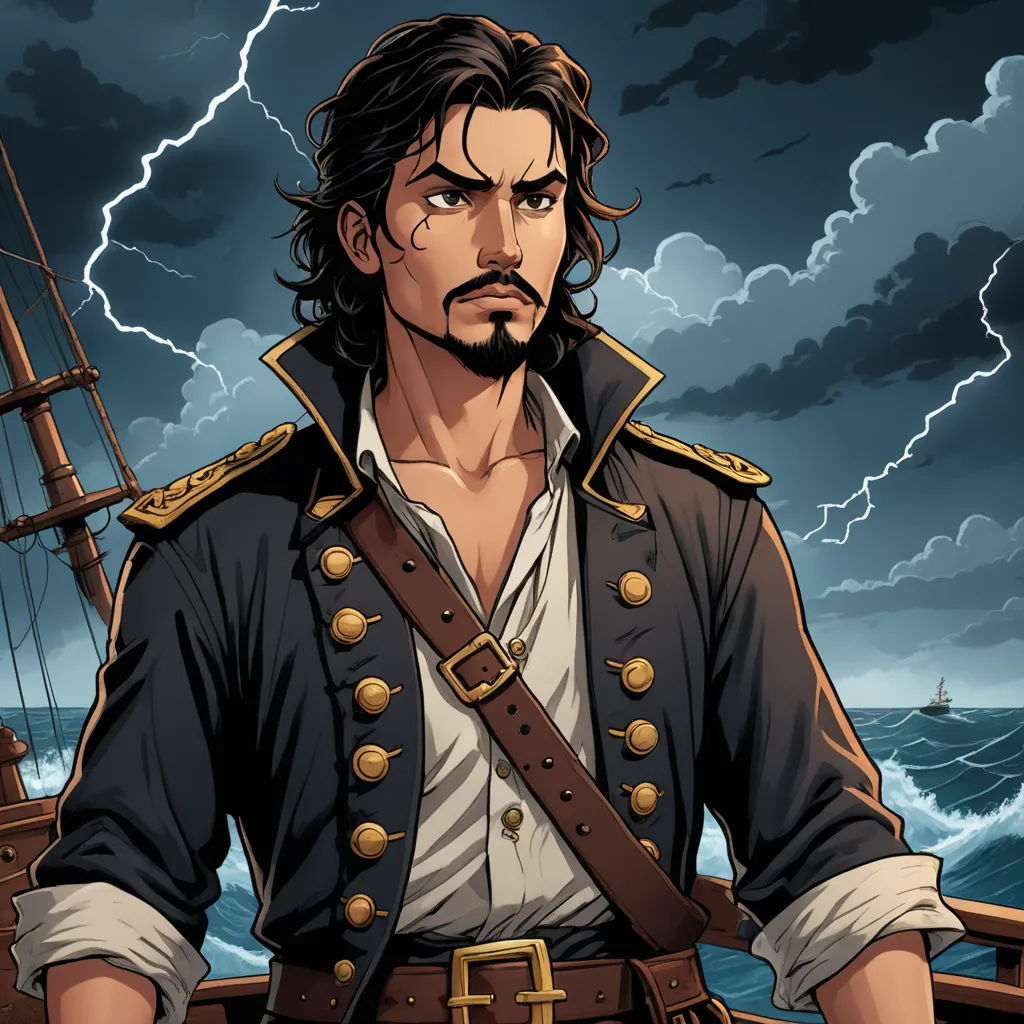 a man in a pirate costume standing on a boat in the ocean with lightning in the background and a ship in the foreground, fantasy art, a character portrait, Cedric Seaut (Keos Masons), character portrait