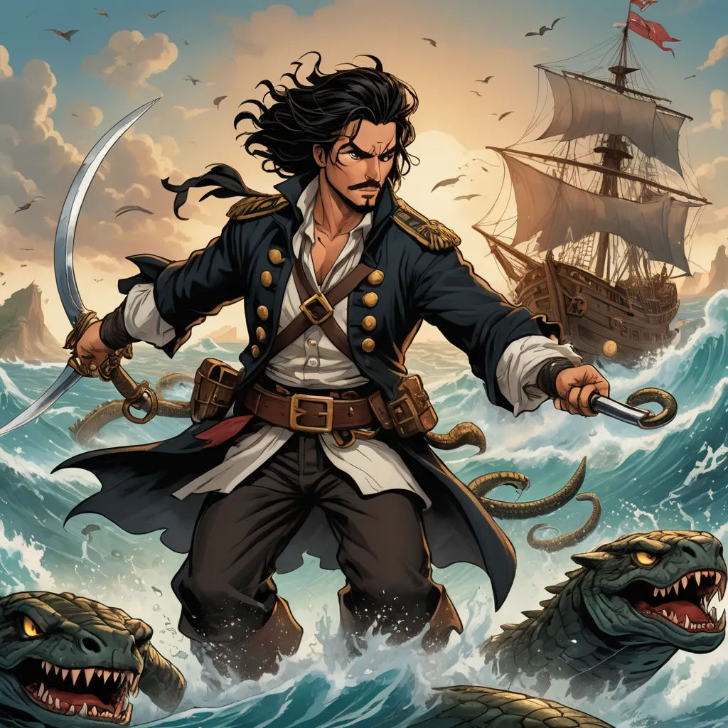 a pirate with a sword and a sword in his hand standing in the water with a monster in front of him, fantasy art, a comic book panel, Diego Gisbert Llorens, magic the gathering artwork