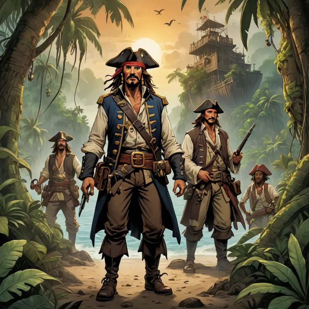 a group of pirates standing in a jungle with a pirate ship in the background and a pirate ship in the foreground, fantasy art, poster art, Alex Horley, key art