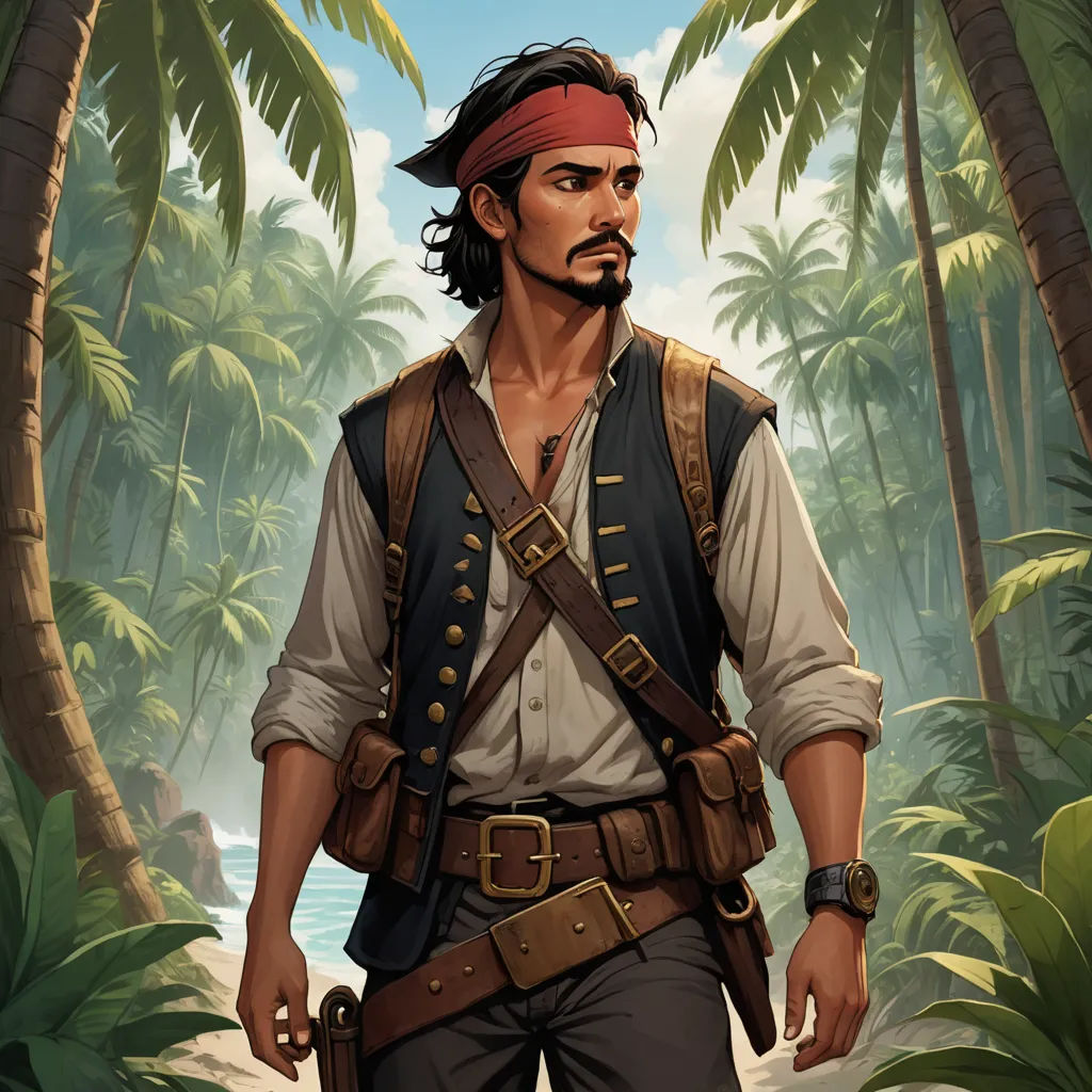 a man in a pirate costume standing in a jungle with palm trees and a river in the background,, fantasy art, a character portrait, Altoon Sultan, magic the gathering artwork
