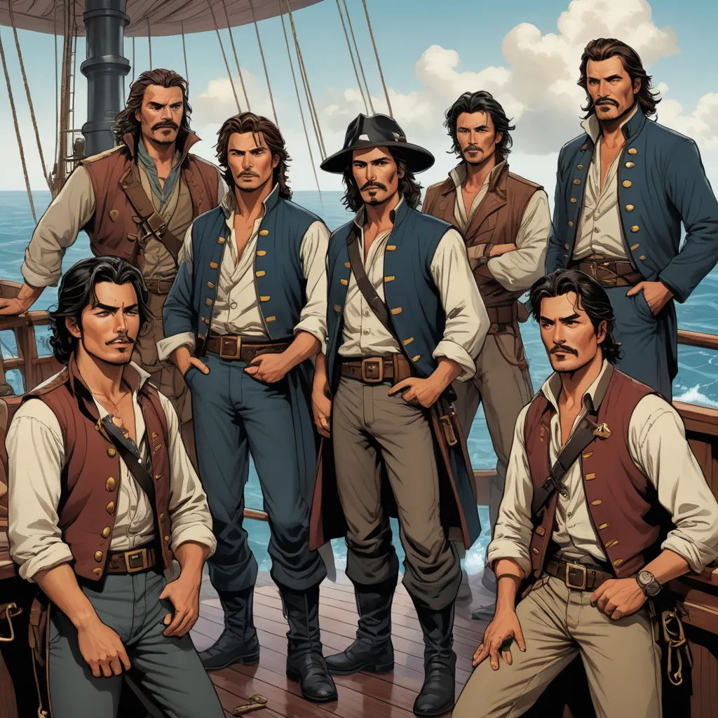 a group of men standing on top of a boat next to each other on a body of water with a sky background, serial art, concept art, Brothers Hildebrandt, official art