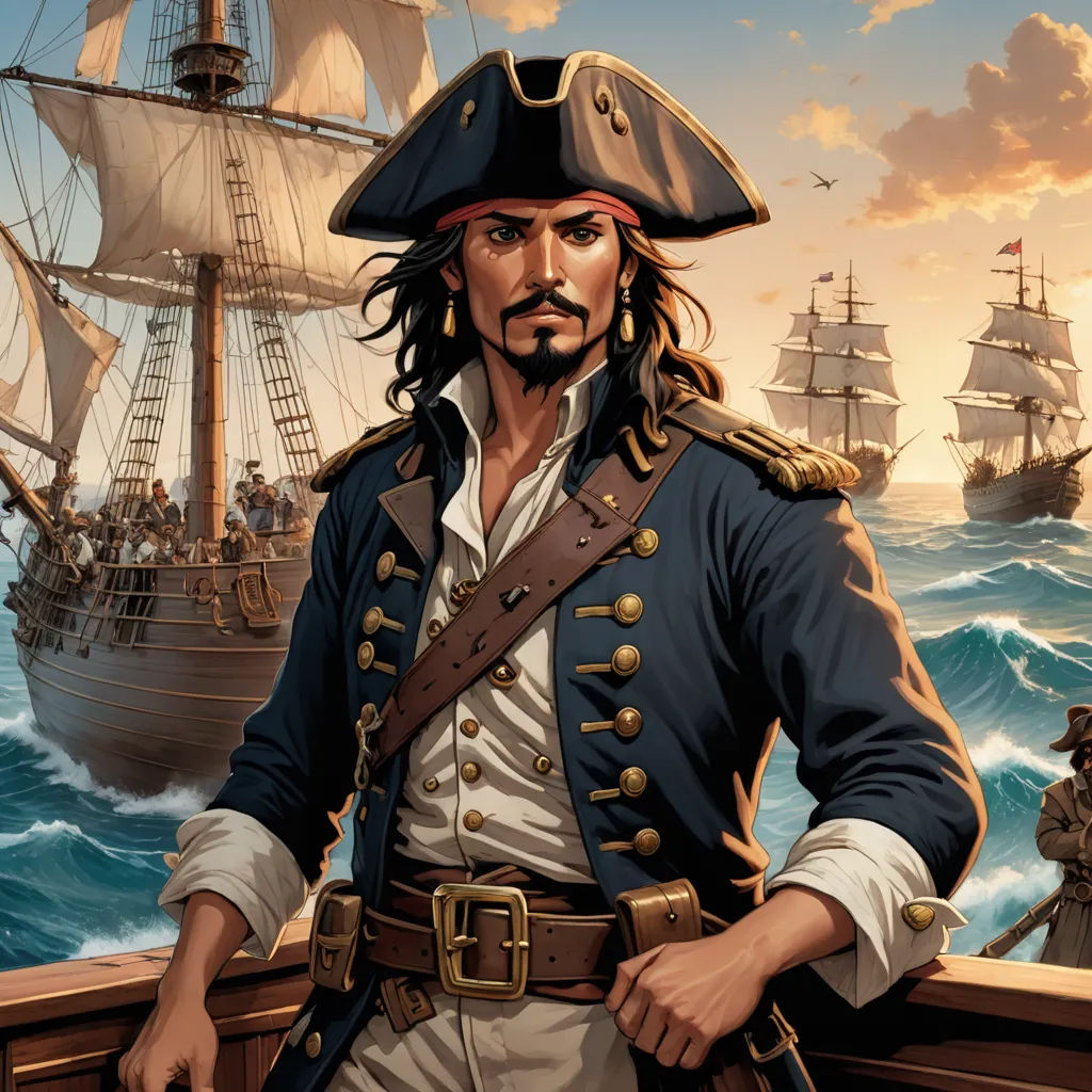 a painting of a pirate standing on a boat in the ocean with a ship in the background and a man in a pirate suit, fantasy art, a character portrait, Alex Horley, magic the gathering artwork
