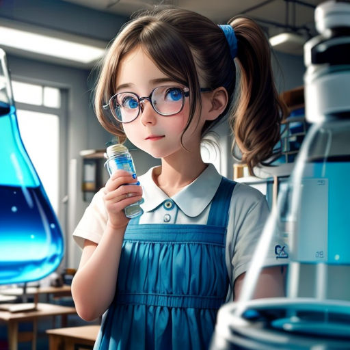 a little girl holding a bottle of water in a lab with a blue substance in it's beakle