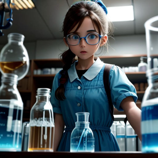 a girl in a blue dress and glasses standing in front of a table with bottles and beakers on it