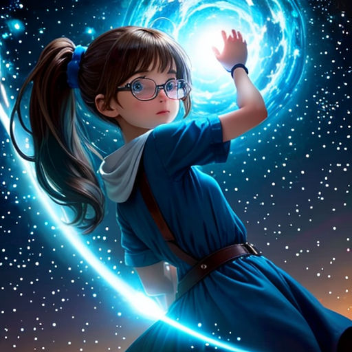 a girl in a blue dress holding a light ball in her hand and looking up at the sky with stars